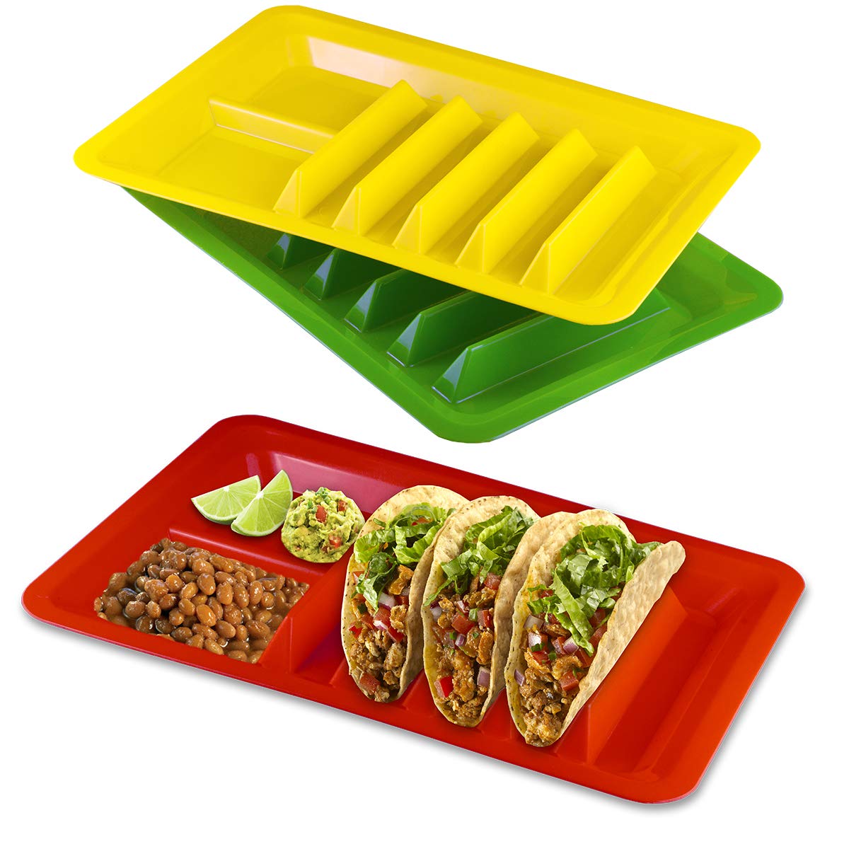 BNYD taco holder stand with colorful plates keeps four tacos neatly upright for easy filling.
