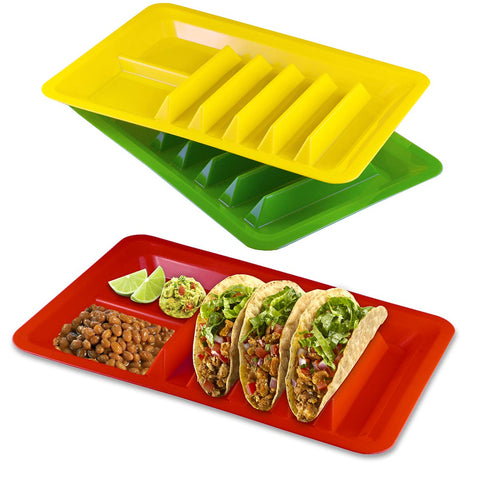 BNYD taco holder stand with colorful plates keeps four tacos neatly upright for easy filling.