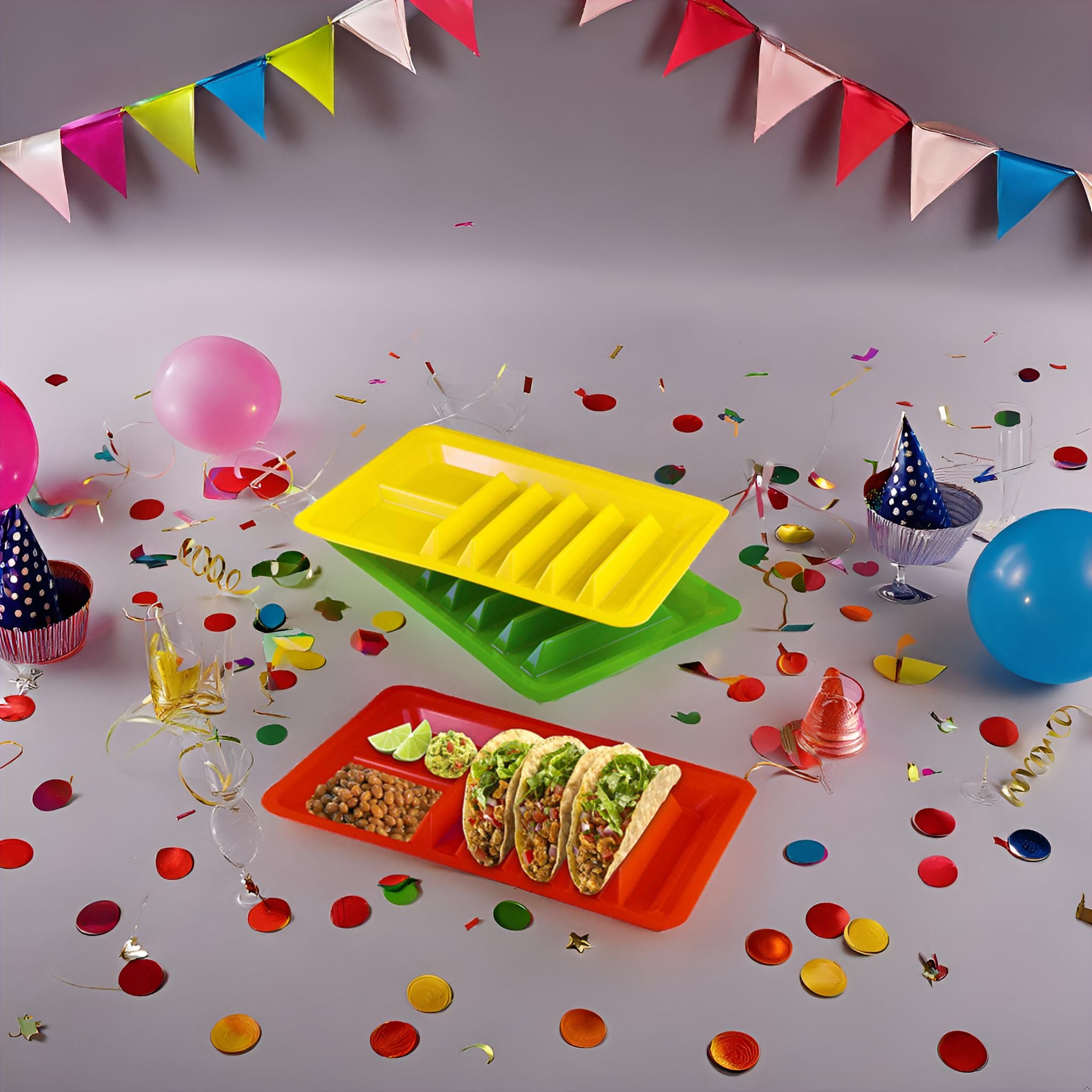 BNYD taco plates with side compartments organize toppings and sauces for a tidy party table.
