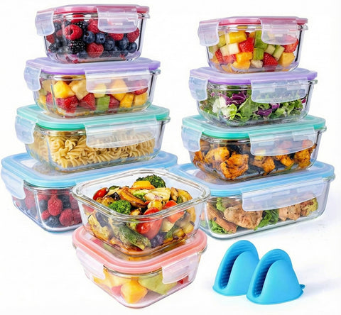 Bo-Toys 20-piece glass storage set ready for meal prep and leftovers.