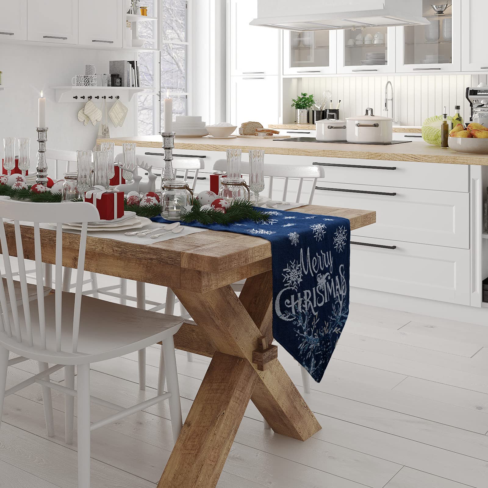 Table setting using Boao navy blue runner in a dining room for Christmas