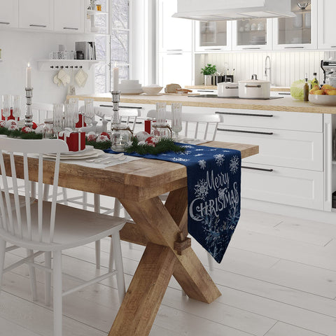 Table setting using Boao navy blue runner in a dining room for Christmas