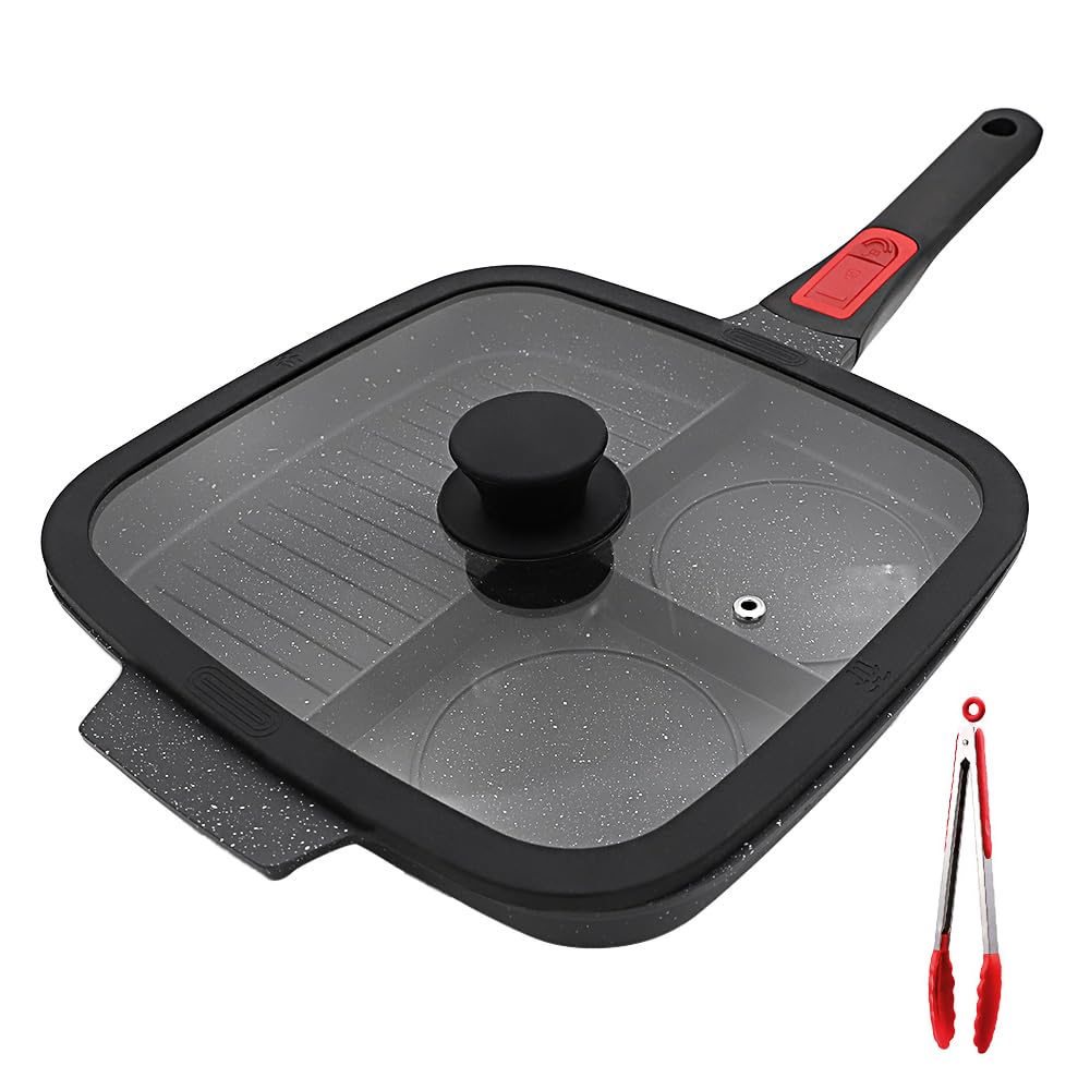 Bobikuke 3-section grill pan on stove top keeps foods separate for easy, varied meals.