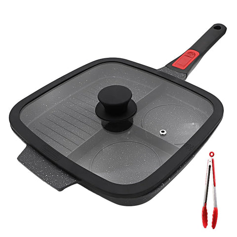 Bobikuke 3-section grill pan on stove top keeps foods separate for easy, varied meals.