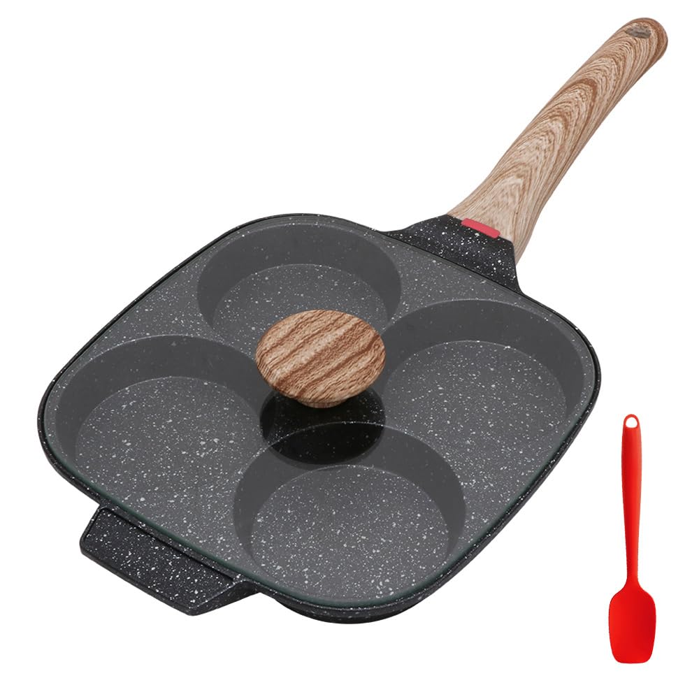 Bobikuke fried egg pan with lid shows four compartments for quick breakfast prep.