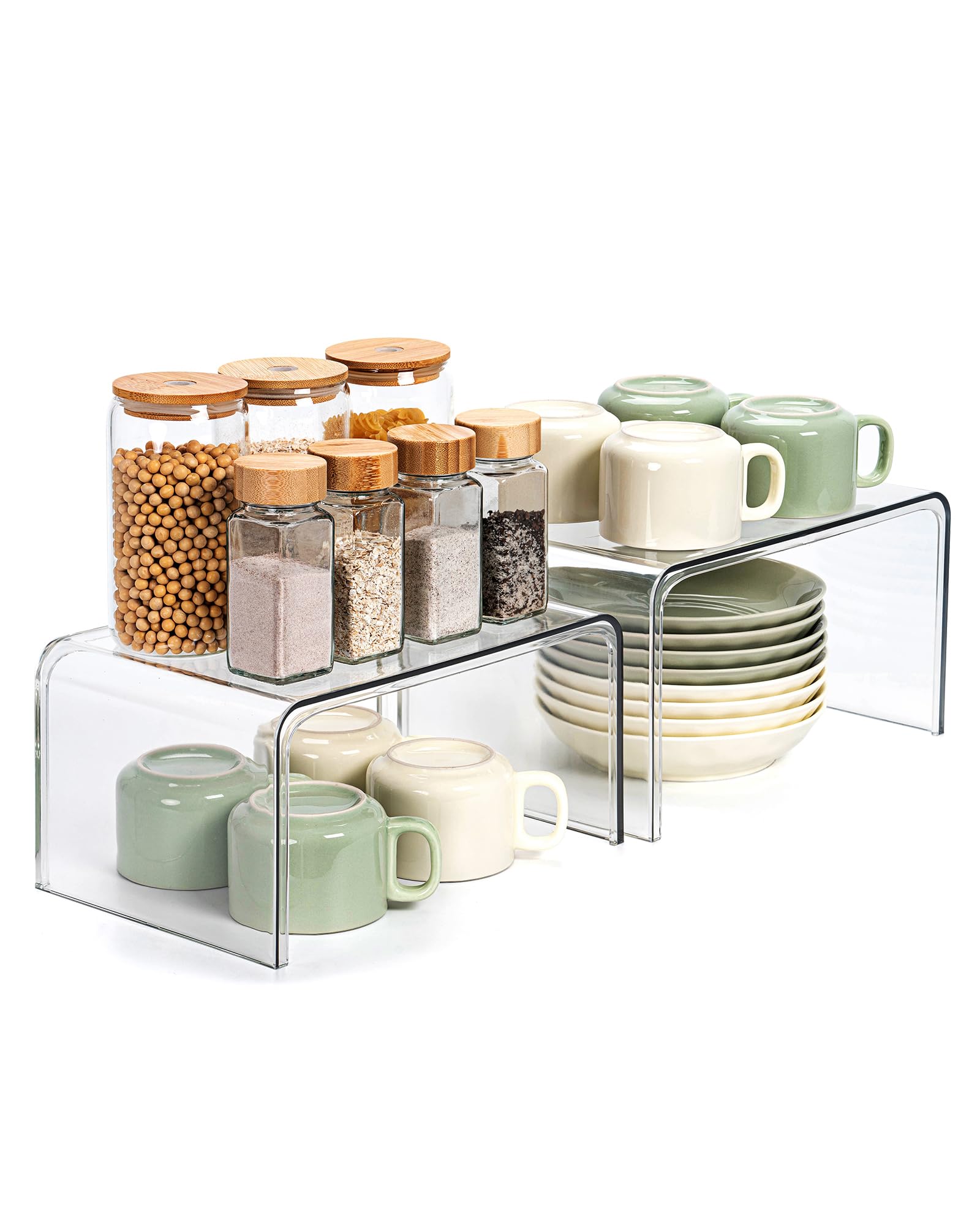 Bobomoment clear cabinet organizer on a kitchen shelf showing easy access and storage.