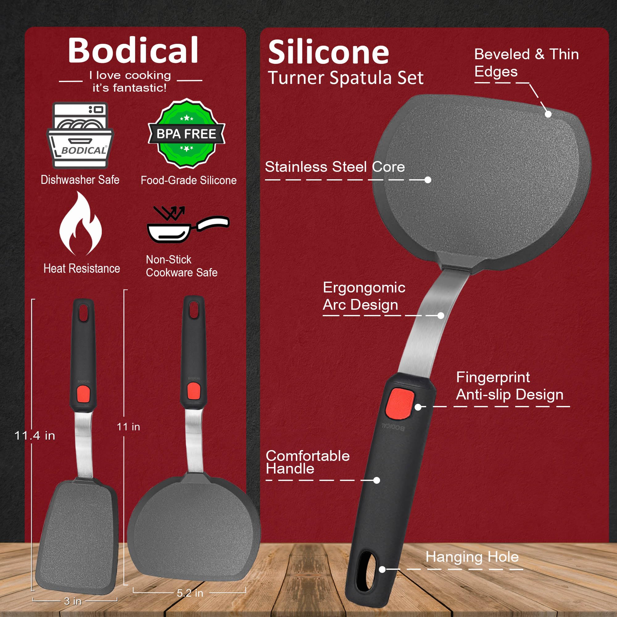 BodiCal spatula set showing large pancake-flipping blade in use