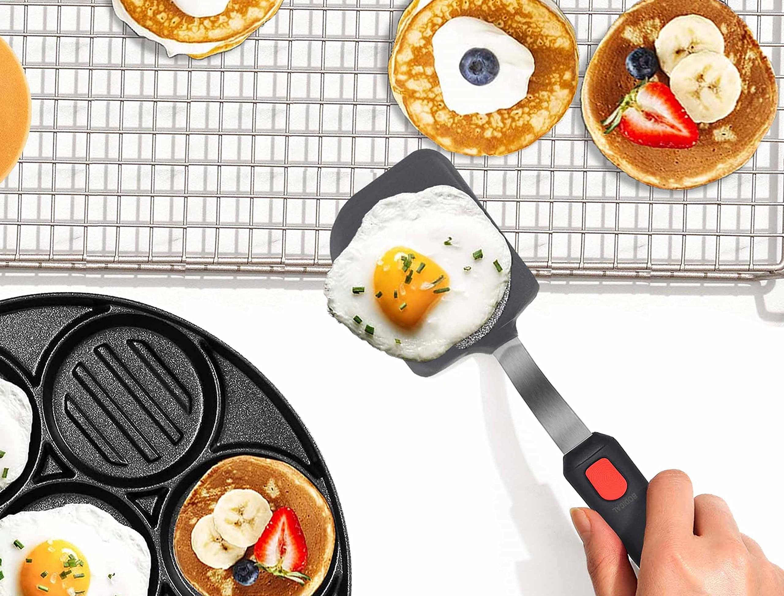 BodiCal spatula on nonstick cookware to prevent sticking and protect coatings