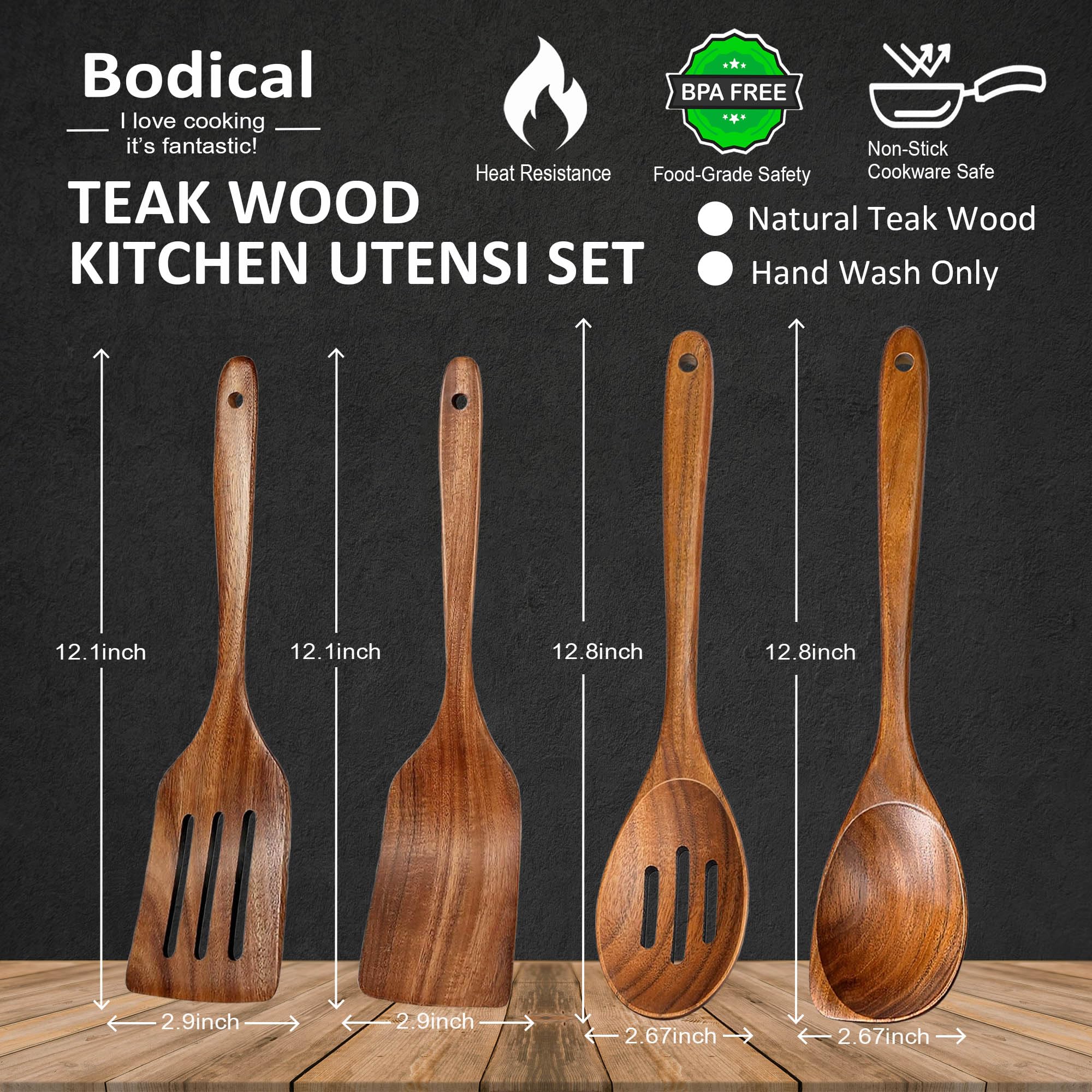 BodiCal teak 12in slotted spatula for safe flipping