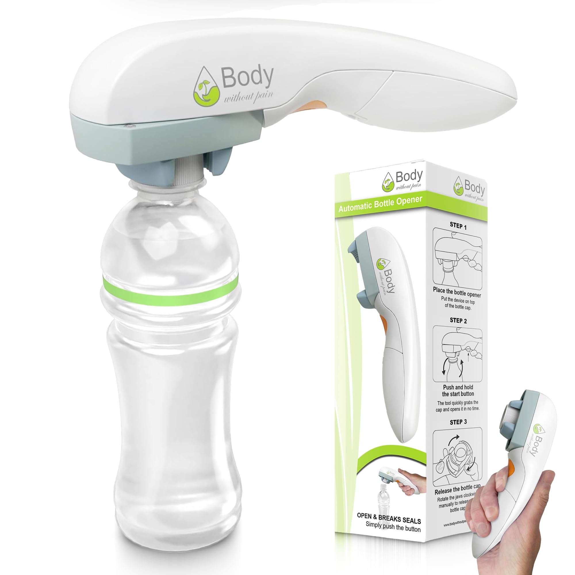 Body Without Pain electric bottle opener activated by button press for effortless use.