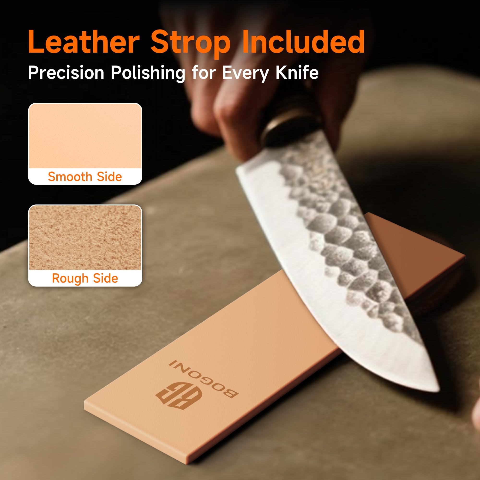 Bogoni leather strop included for final polish and edge refinement.