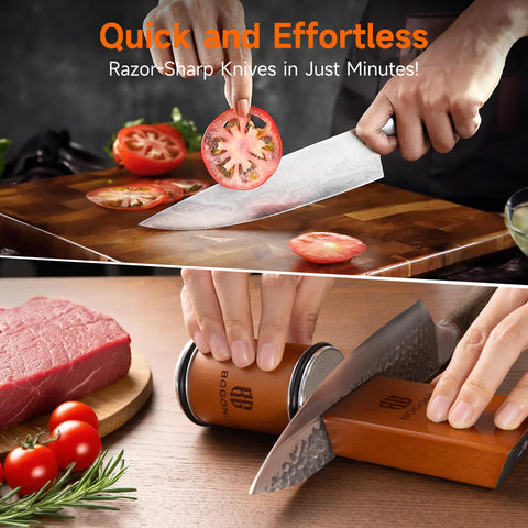 Bogoni rolling knife sharpener with ceramic disc finishes to a smooth edge.