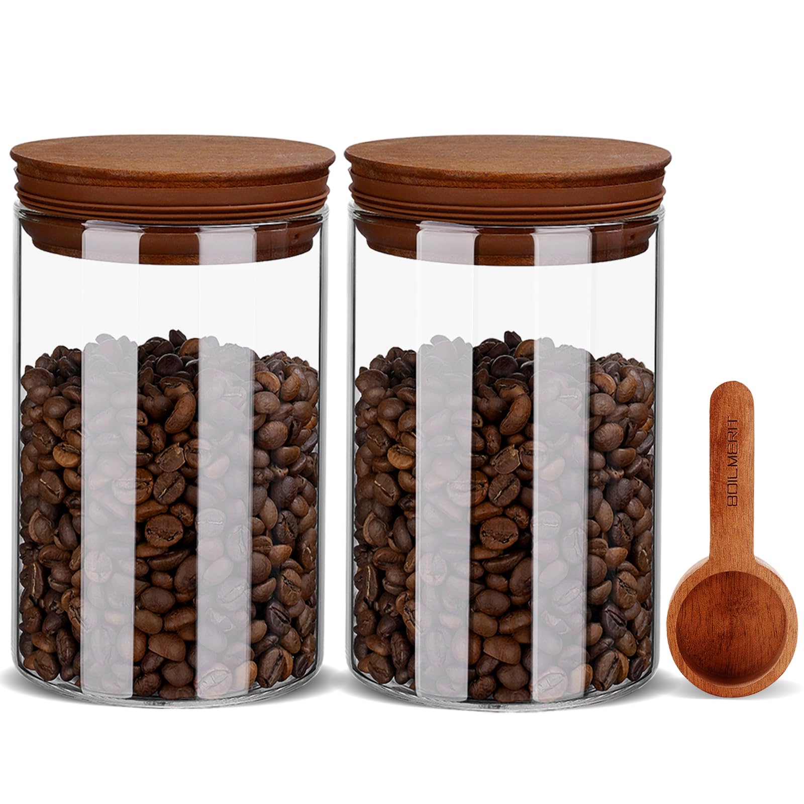 Boilmerit 27oz coffee canister set on a counter with glass jars and wooden lids for organized storage