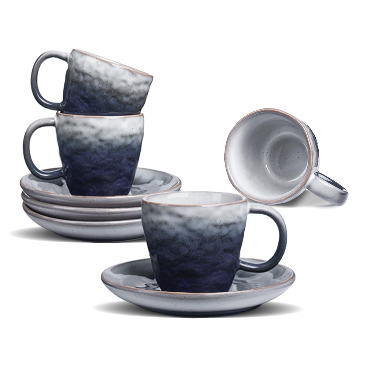 Boilmerit gradient glaze espresso cups with blue saucers for a stylish morning routine.