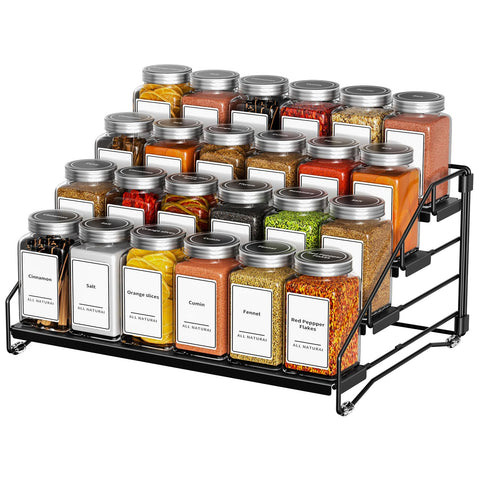 BOIVSHI 4-tier spice rack depth adjustable keeps spices neatly organized in cabinets.