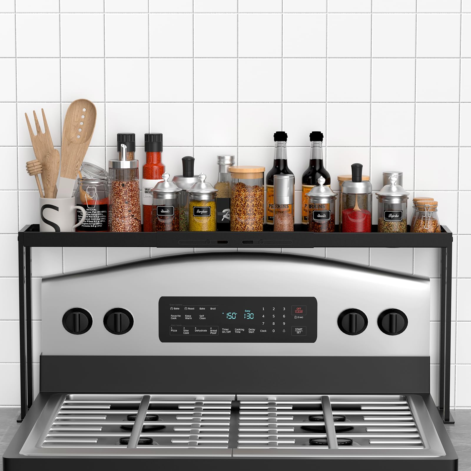 BOIVSHI Stove Top Shelf installed on stove, increasing spice storage and countertop organization.