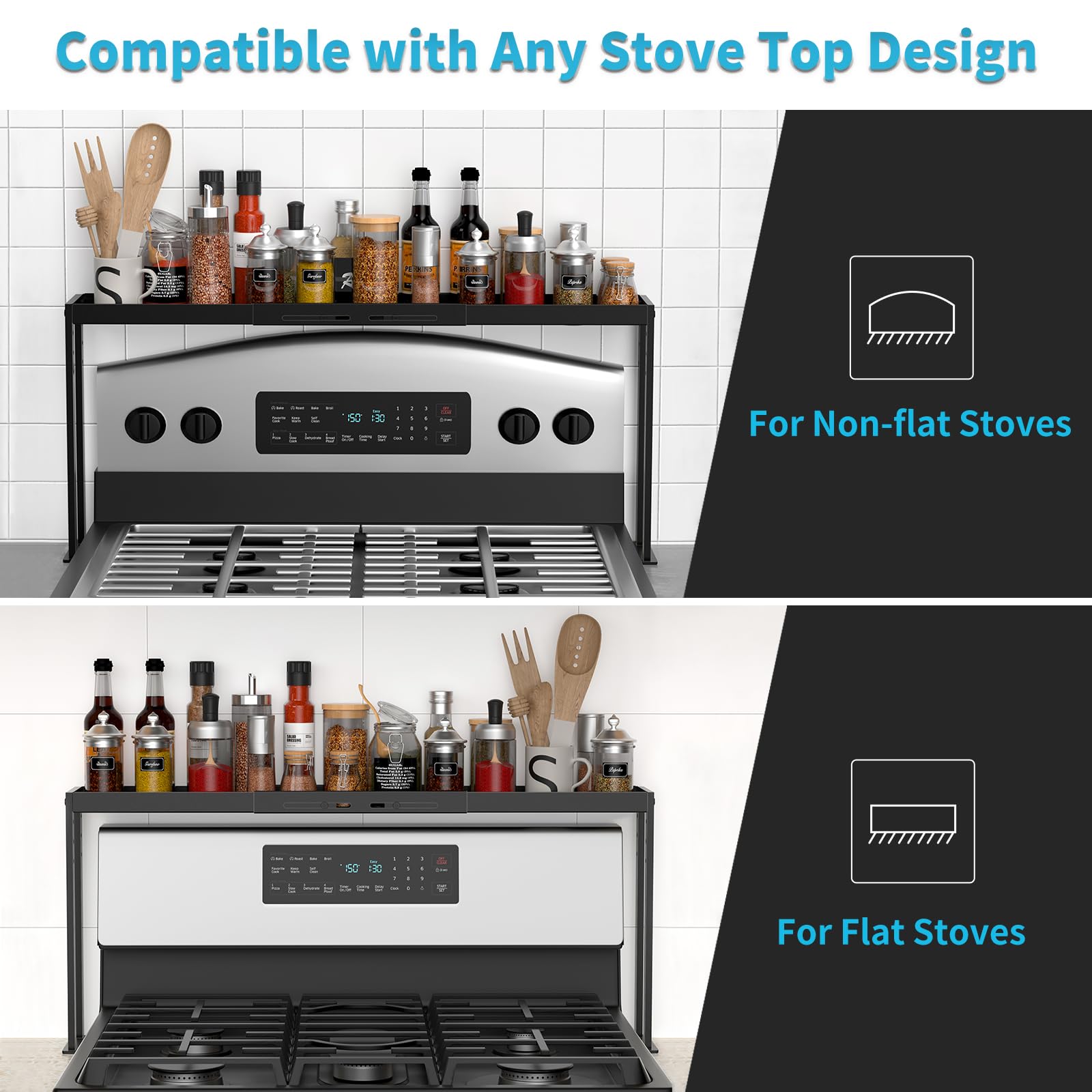 BOIVSHI shelf extended to fit a 30-inch stove top with adjustable length.