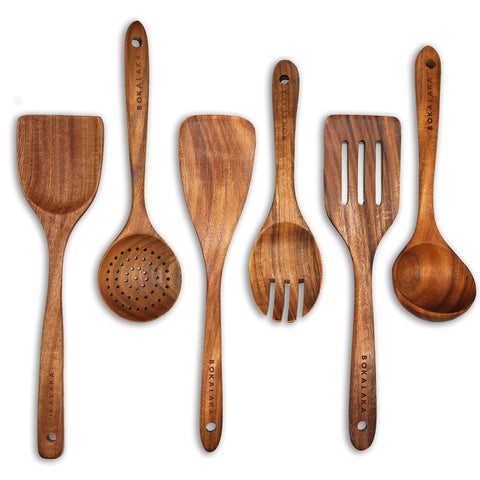 BOKALAKA grey wooden 6pc utensil set close-up showing natural teak grain and finish.