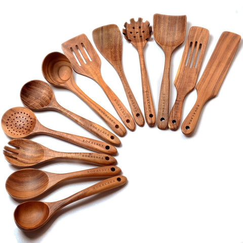 Bokalaka teak spoon set close-up showing durable utensils for everyday cooking.