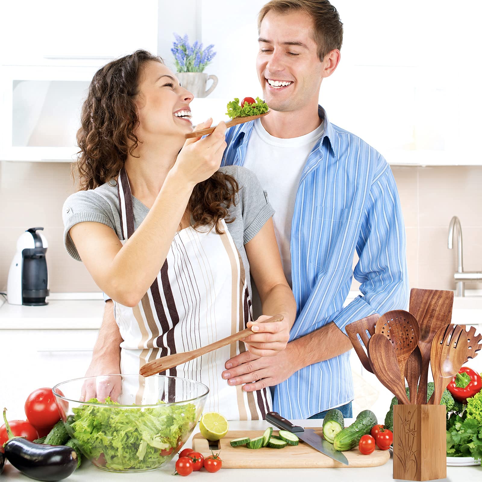 BOKALAKA teak spoons 8-piece set with strainer spoon for draining and serving.