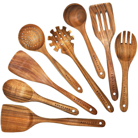 BOKALAKA teak spoons 8-piece set with wok spatula for effortless stirring in daily cooking.
