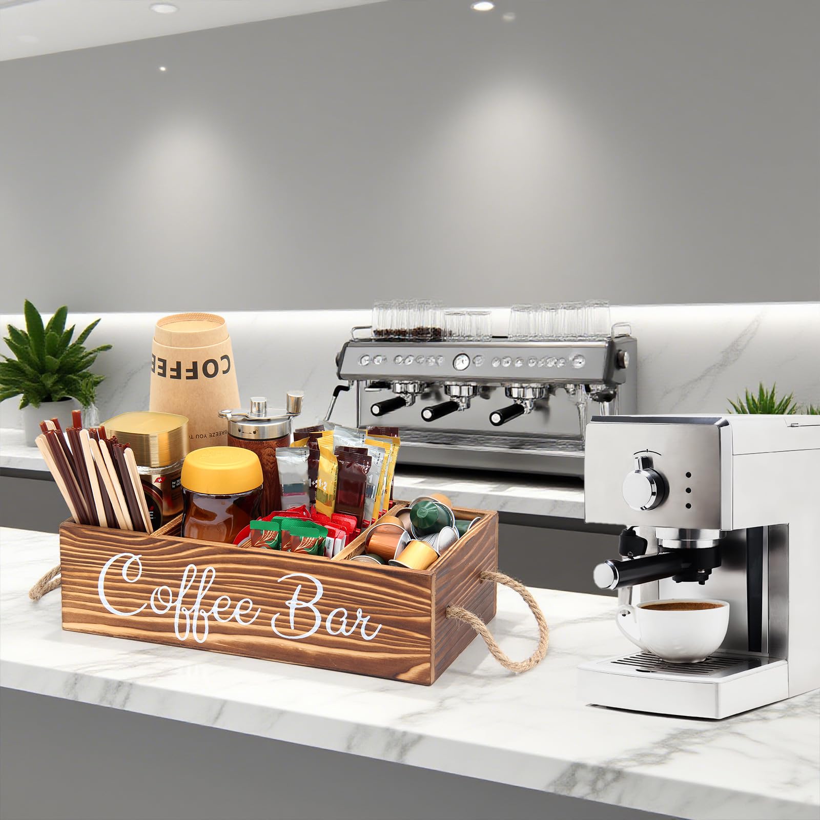 Bokelai coffee station with tea and condiments on counter demonstrates practical organization.