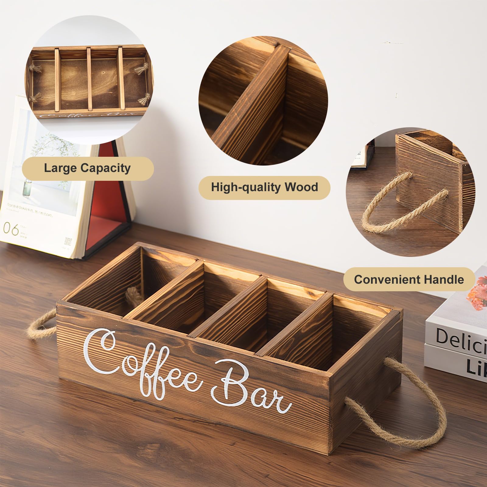 Bokelai removable dividers close-up highlight customizable configuration for coffee bar essentials.