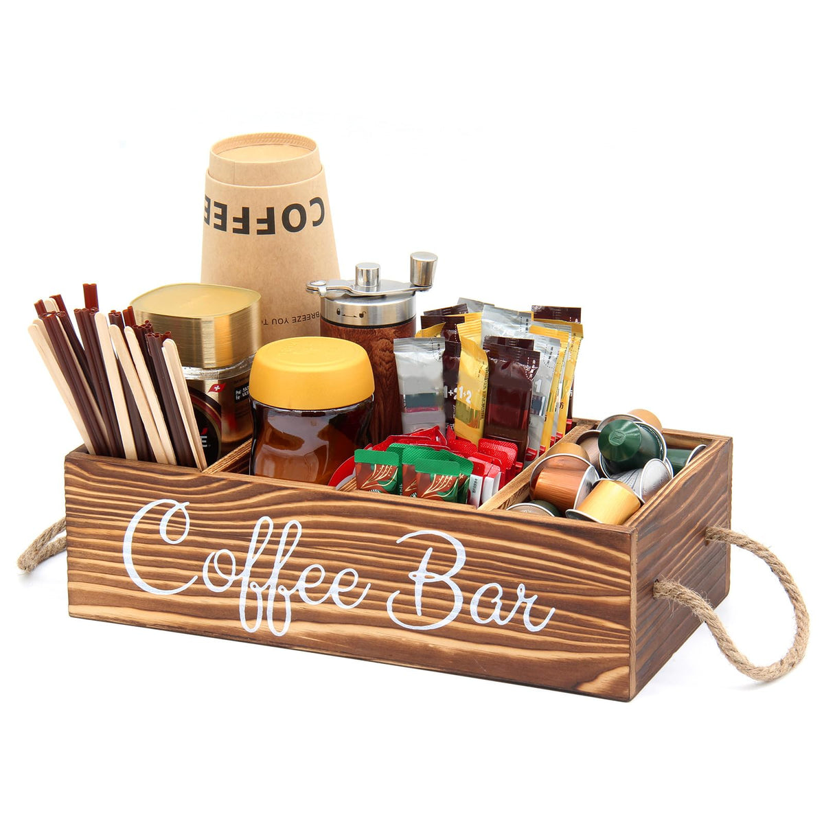 Bokelai wooden coffee station front view shows tidy, accessible counter organization.