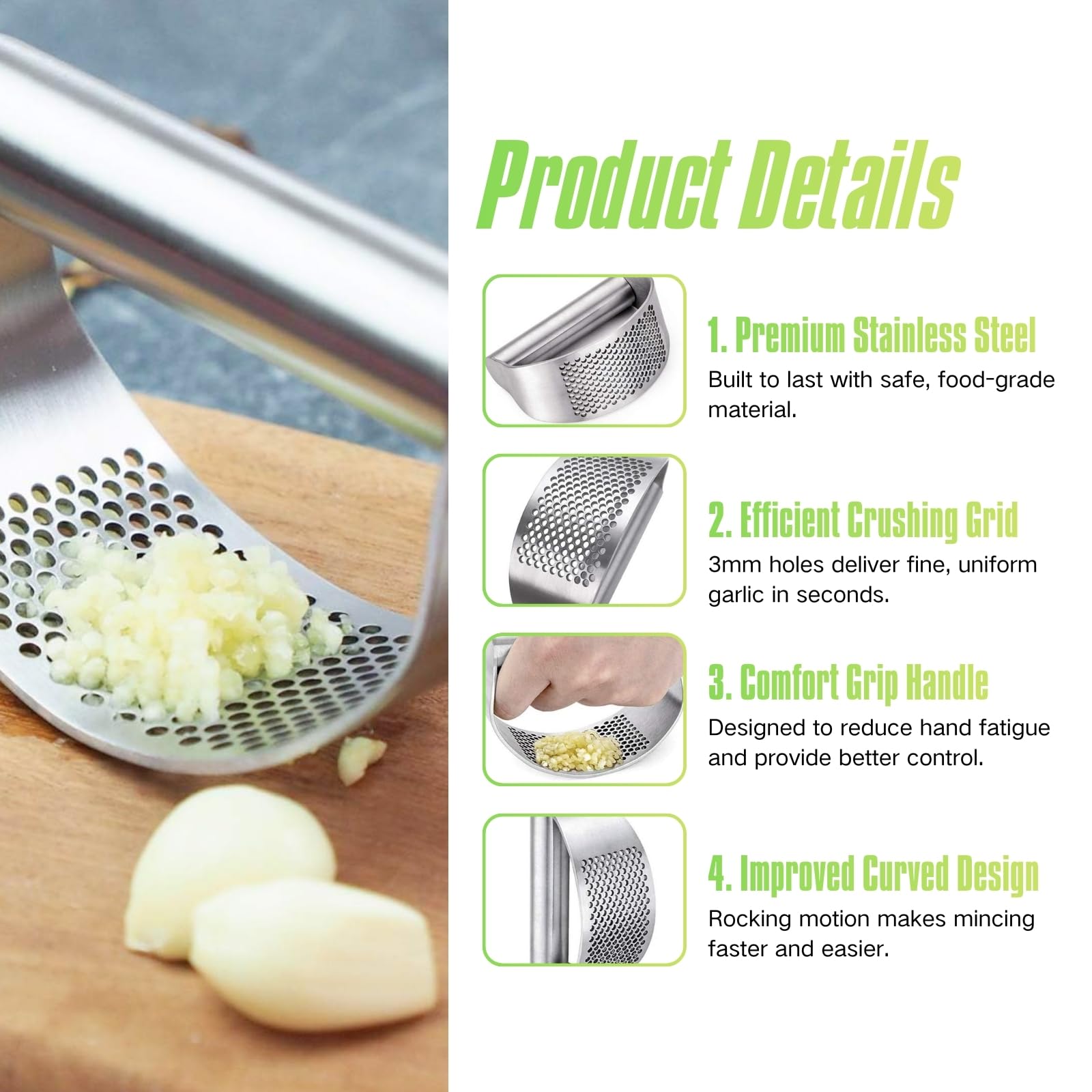 Close-up of BOKKY garlic press showing durable stainless steel finish
