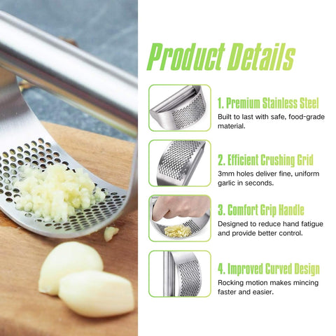 Close-up of BOKKY garlic press showing durable stainless steel finish