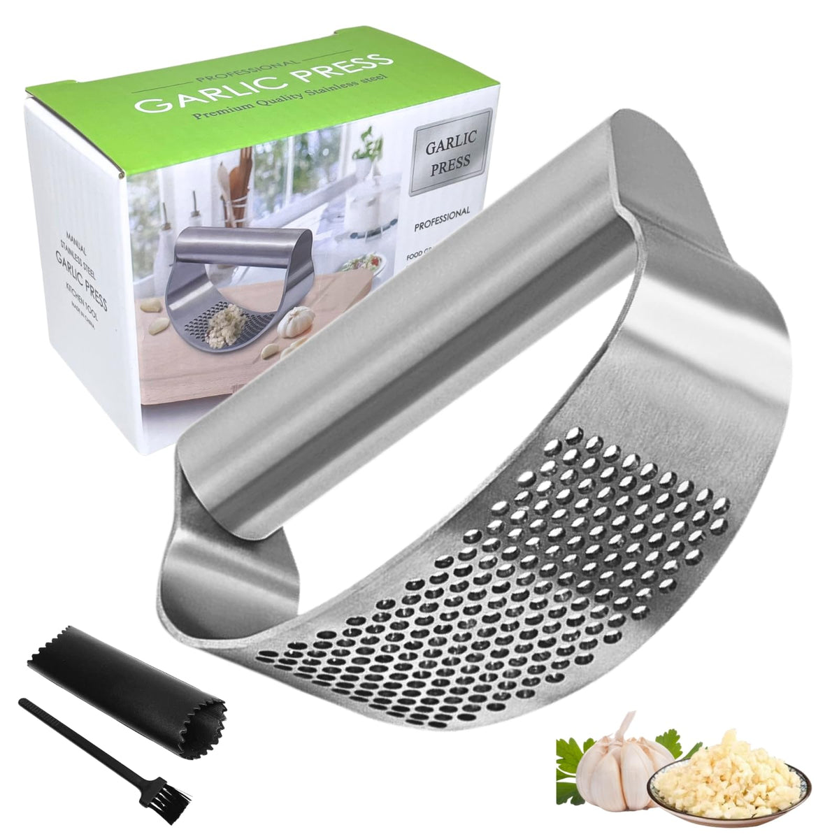 BOKKY stainless steel garlic press rocker in action for quick mincing