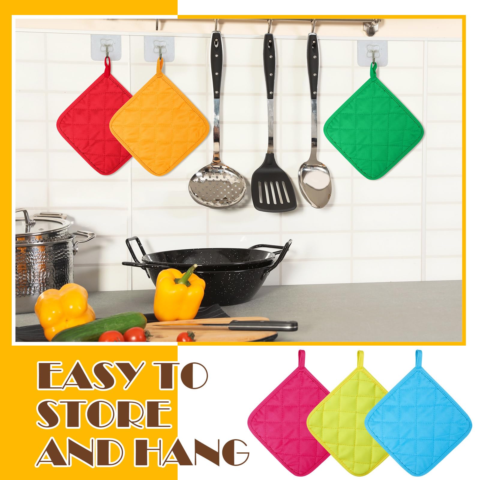 Bokon colorful pot holders showcase six vivid colors to brighten your kitchen.