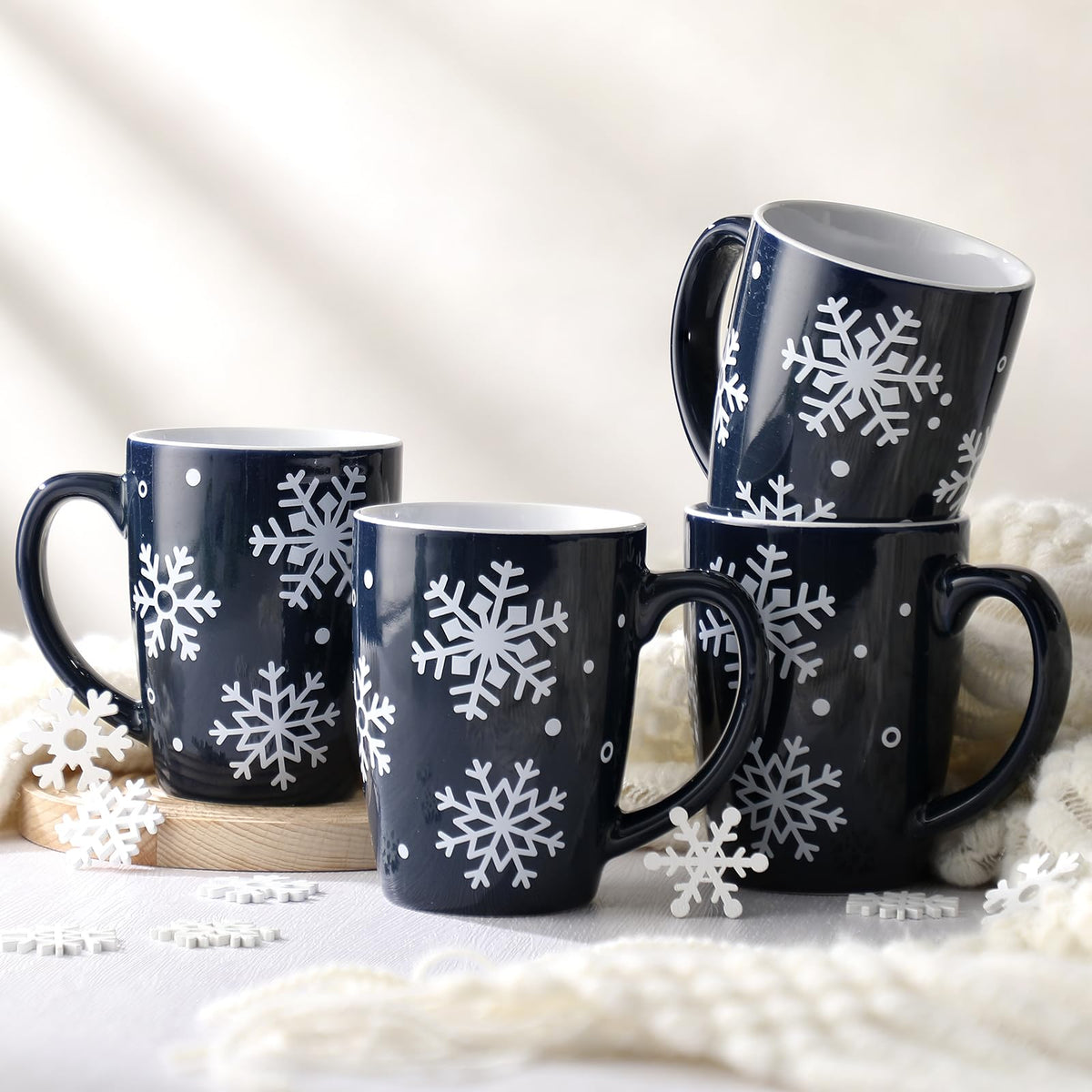 Bokon snowflake ceramic mug set 12oz dark blue for cozy winter coffee or tea.