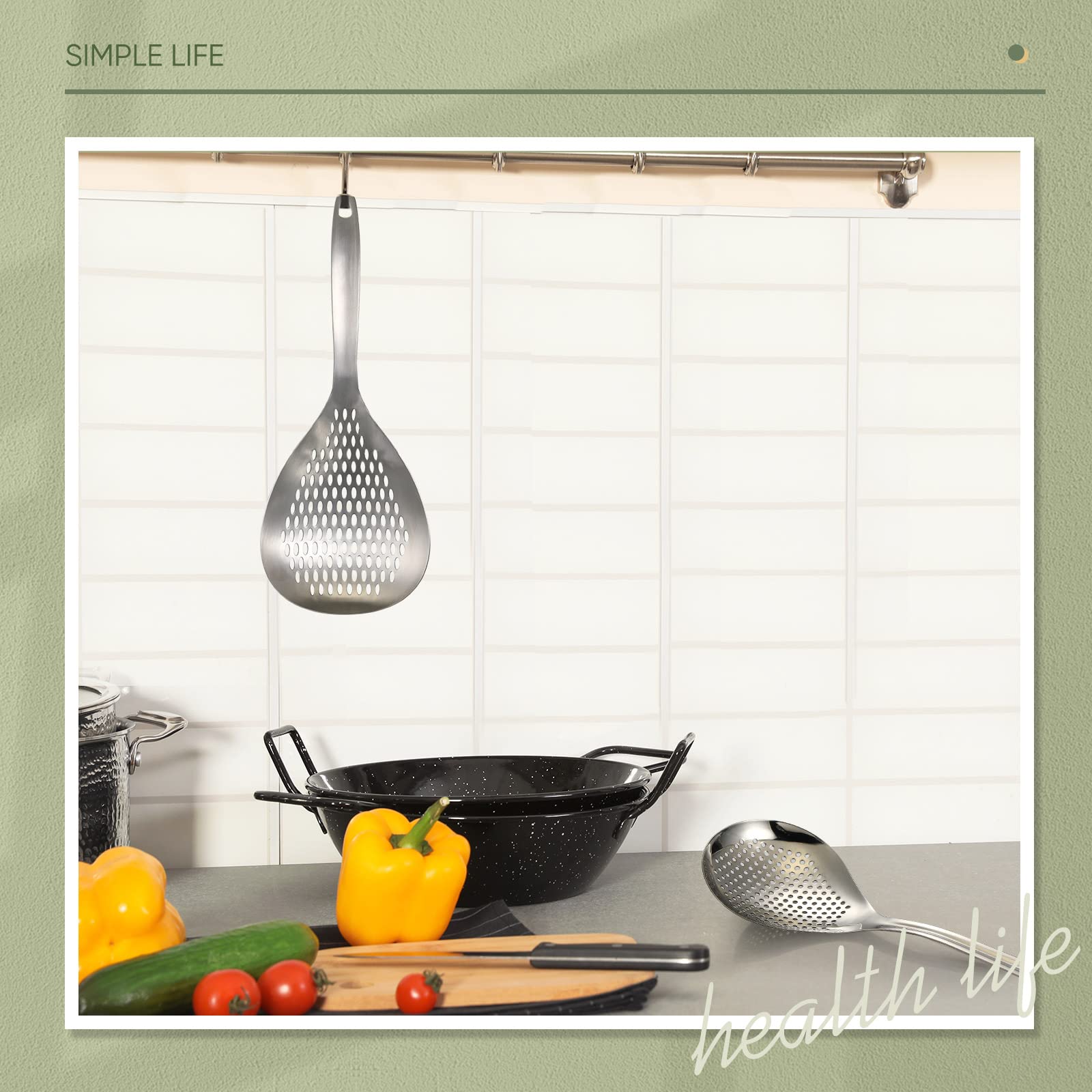 Bokon spider strainer with hanging hole for organized kitchen storage.