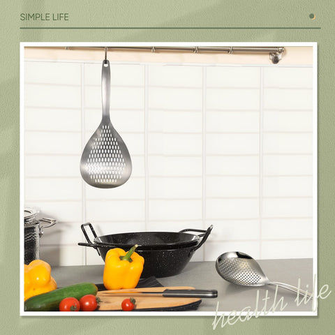 Bokon spider strainer with hanging hole for organized kitchen storage.