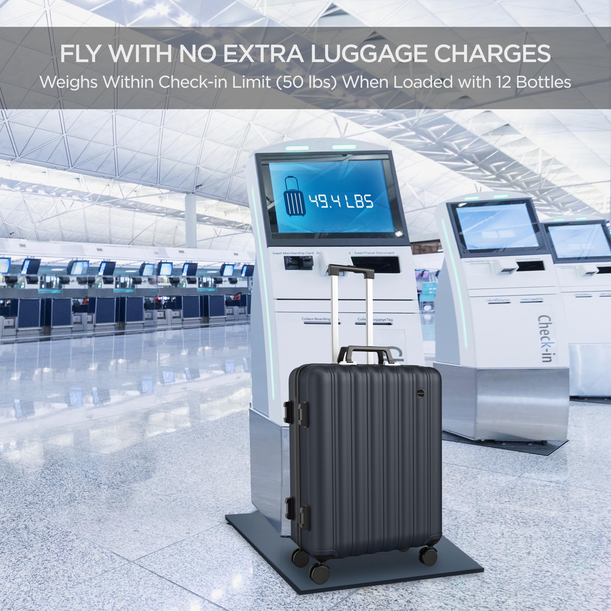 Boldworks wine suitcase fits as checked luggage under common airline limits