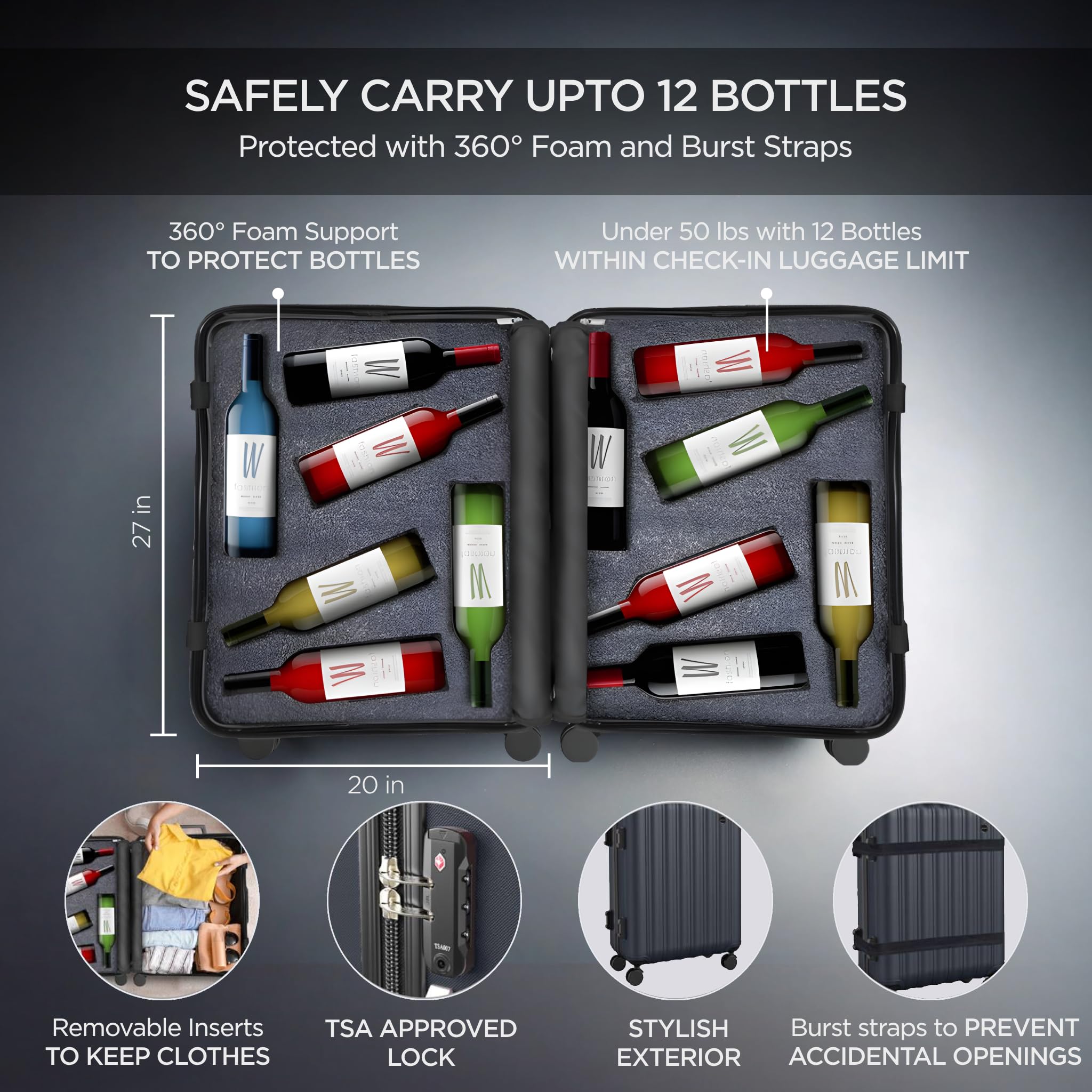 Boldworks wine suitcase with TSA lock securing bottles during flights