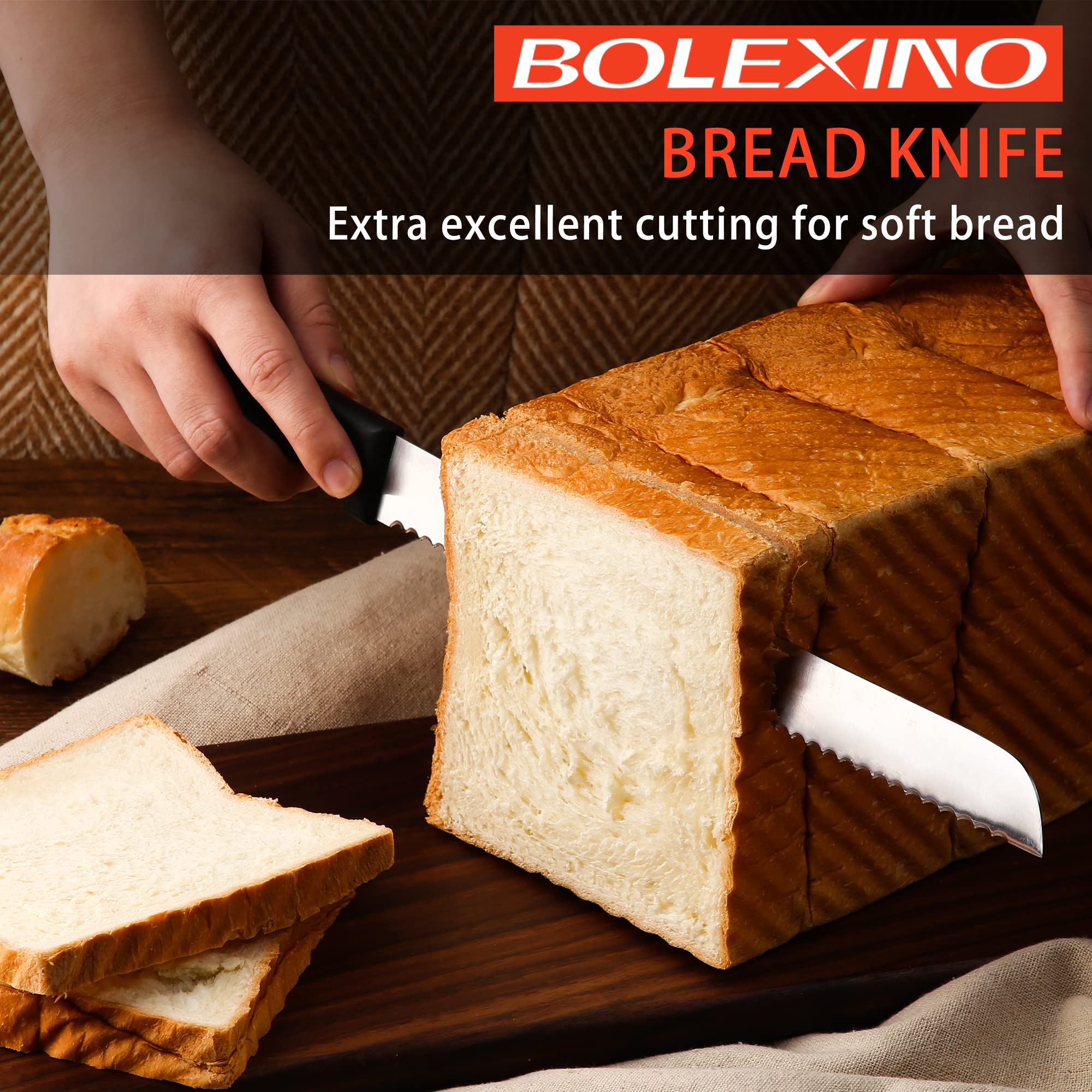 BOLEXINO knife cutting toast evenly with minimal tearing