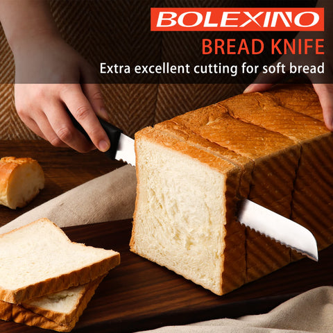 BOLEXINO knife cutting toast evenly with minimal tearing
