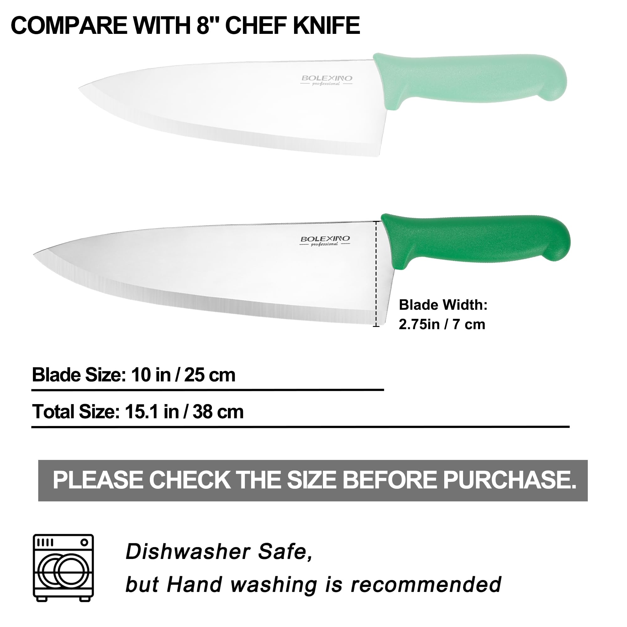 BOLEXINO dishwasher safe note recommends hand washing and thorough drying to preserve the edge.
