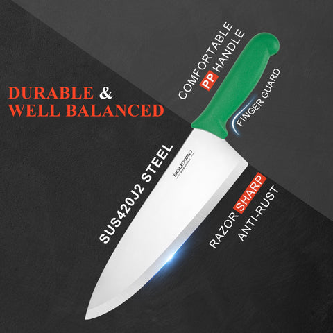 BOLEXINO green handled chef knife ready for quick identification and efficient prep.