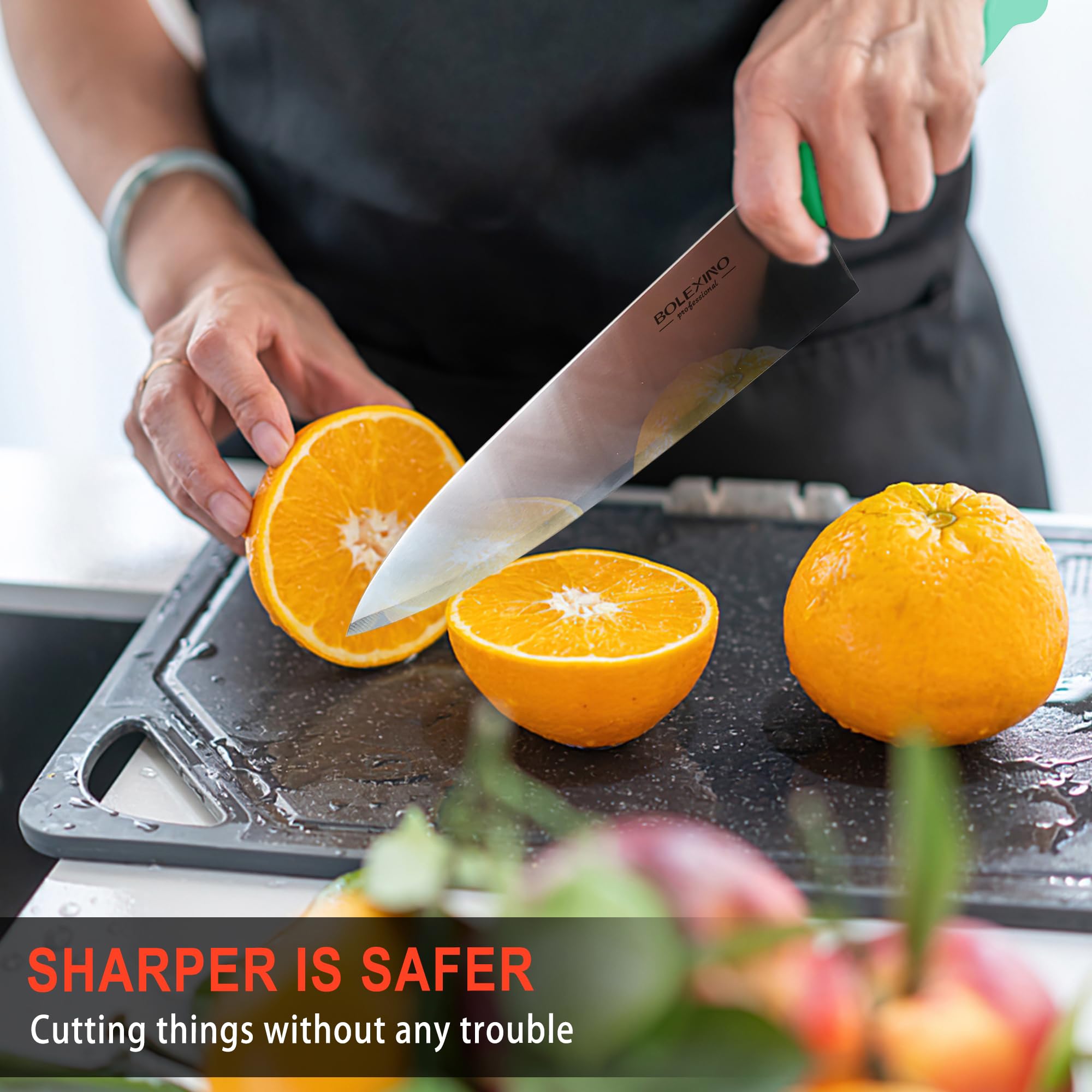 BOLEXINO wide blade enables smooth slicing and dicing across vegetables and proteins.