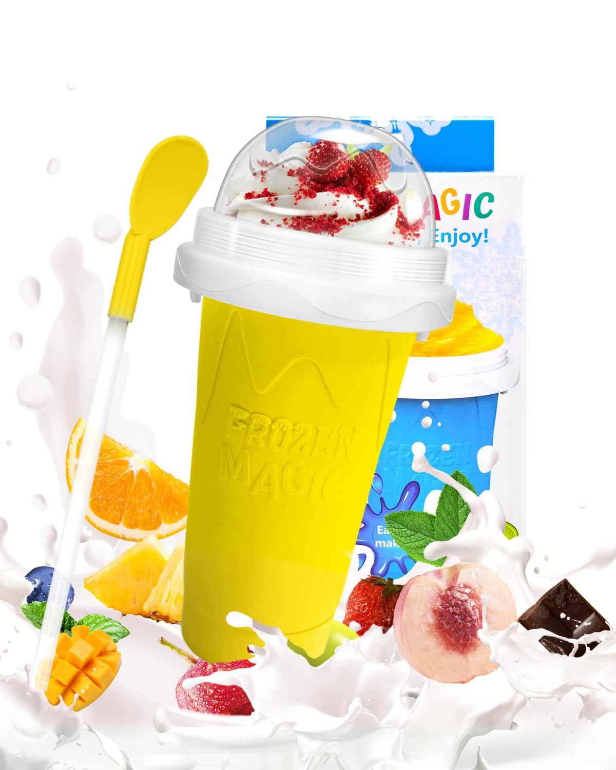 Bollove Slushie Cup with yellow lid and straw, easy kid-friendly sipping
