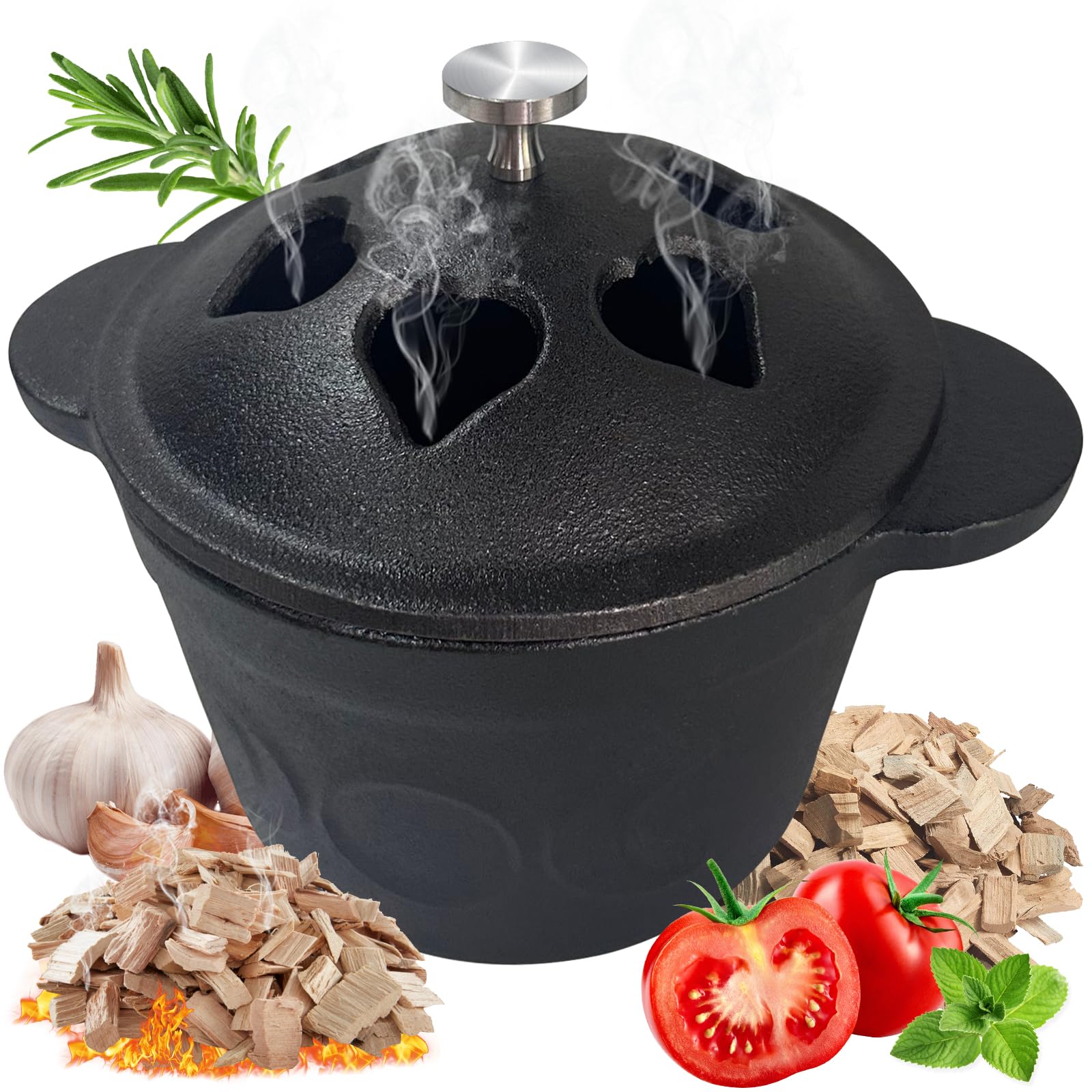 BOLVOUD cast iron smoker roaster with lid on, showing even heat for garlic roasting.