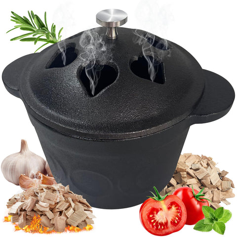 BOLVOUD cast iron smoker roaster with lid on, showing even heat for garlic roasting.