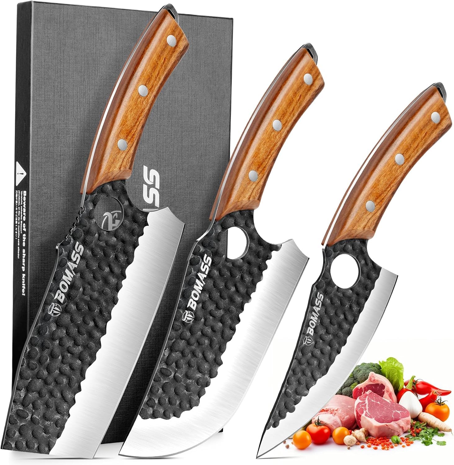 BOMASS 3-piece butcher knife set laid out for versatile kitchen tasks