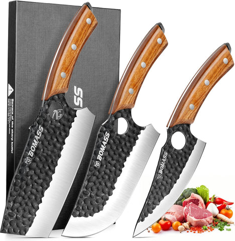 BOMASS 3-piece butcher knife set laid out for versatile kitchen tasks