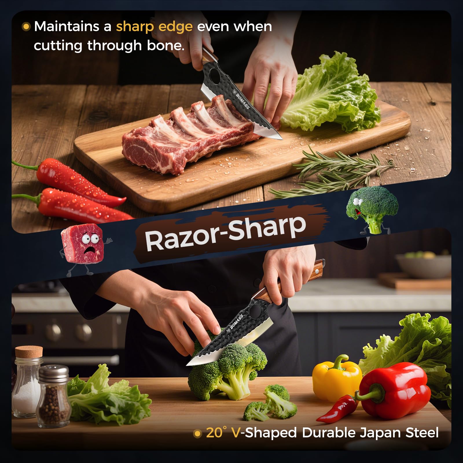 BOMASS curved wood handle with full-tang construction for balance