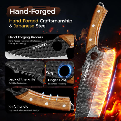 Close-up of BOMASS hand-forged blade showcasing sharp edge