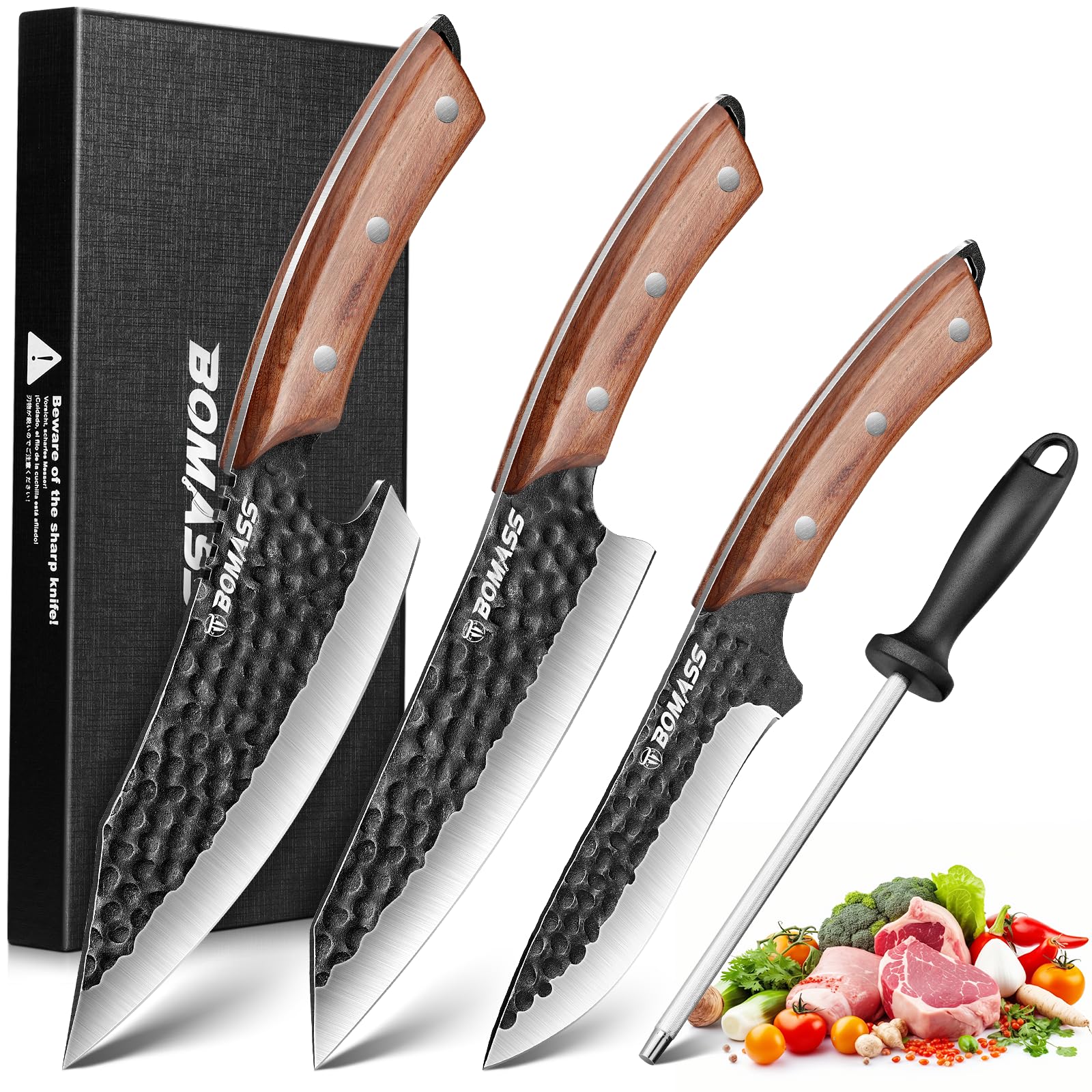BOMASS chef knife close-up highlighting precise dicing.